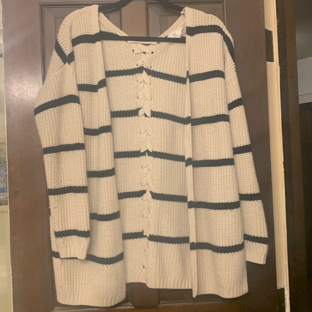 Pink Rose cream w/ black stripes cardigan cute braid detail on back, size L.